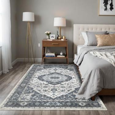 Imagem de Dotiiorug Tapetes laváveis 3x5 vintage boho floral para sala de estar quarto, tapete antiderrapante de pelo baixo 049 azul bege