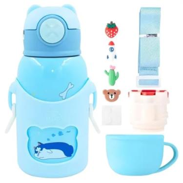 Imagem de Garrafa Termica Infantil 3 Tampas Bolsa C/Alça e Adesivo Aço Inox 500ml (Azul)