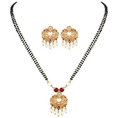 Imagem de Aheli Colar de pérolas de bebê banhado a ouro Mangalsutra com brinco conjunto de joias para mulheres, One Size, Metal, Sem Pedra Preciosa