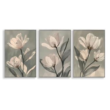 Imagem de Stupell Industries Flower Trios Portraits Conjunto de 3 peças de tela flutuante emoldurada cinza, design por Annabelle Hall, 76 x 50 cm