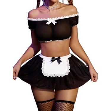 Imagem de Avidlove Conjunto de roupa de empregada sexy com ombro de fora, minissaia de malha com tanga e fantasias de Halloween (pacote com 3), Preto, GG