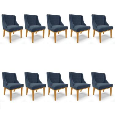 Imagem de Kit 10 Cadeiras Estofadas para Sala de Jantar Base Fixa de Madeira Castanho Lia Suede Azul Marinho -