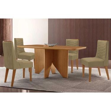 Imagem de Conjunto Sala de Jantar Nevada c/ Tampo Madeirado Canto Curvo 120x80cm e 4 Cadeiras Maldivas Madeira Maciça Naturale - Capuccino/Linho Capuccino-Rufat