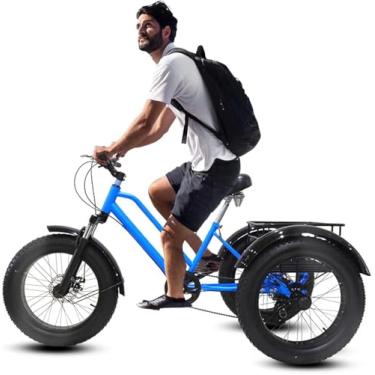 Imagem de Triciclos De Pneus Gordos Para Adultos Com Cesta, 20" 3 Rodas Bicicletas De Cruzeiro, 7 Velocidades, Estrutura De Aço Carbono, Exercício Homens Mulheres, Blue