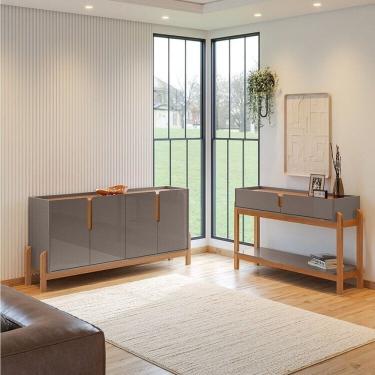 Imagem de Buffet 170cm e Aparador 2 Gavetas com Pés de Madeira Maciça Lizz Cinza Perola / Cedro