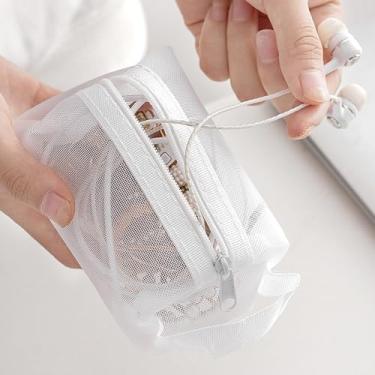 Imagem de Bolsa organizadora de cabos de dados de malha branca - Bolsa transparente portátil com zíper para cabos, cartões, chaves e artigos de papelaria - Mini estojo portátil