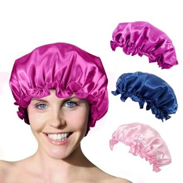 Imagem de Toucas de banho para mulheres, 3 peças de toucas de banho elásticas e reutilizáveis, touca de banho de camada dupla à prova d'água, chapéu de banho de cabelo de proteção ambiental - cor sólida