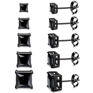 Imagem de MDFUN Conjunto de 5 pares de brincos masculinos banhados a ouro preto de 3 a 7 mm, redondos e quadrados, joias hipoalergênicas femininas, Aço inoxidável, Cristal
