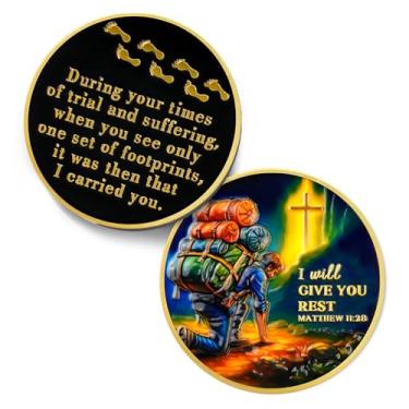 Imagem de I Will Give You Rest Christian Challenge Coin - Matthew 11:28 Religious God Token - Footprints in the Sand Pocket Bible Verses Coins for Study - Presentes comemorativos de boa sorte para homens