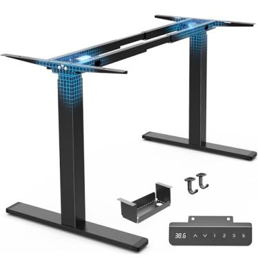 Imagem de Huuger Moldura de mesa elétrica com motor duplo, perna de mesa vertical para mesa de 120 cm a 220 cm, perna de mesa de computador com bandeja de cabos, 3 predefinições de altura de memória, 2 ganchos
