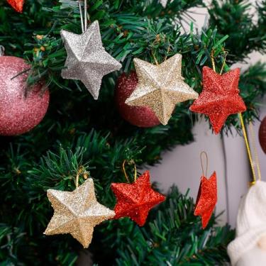 Imagem de 18 peças/3 cores 3D glitter estrela pingente decorativo de Natal árvore de Natal pentagrama enfeite de pendurar decoração festiva de casa prata 5 cm (6 peças/cor)