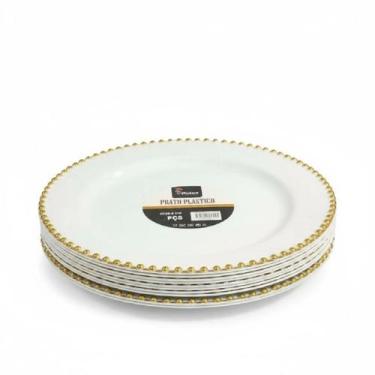 Imagem de kit 15un Jogo Pratos Acrílico 26cm branco c/ Dourado Luxo - 15prato26c