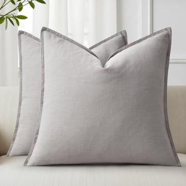 Imagem de decorUhome Capas de almofada decorativas de linho, 55 x 55 cm, conjunto de 2 capas de almofada cinza claro e macias, com detalhes boêmios, para sofá, cadeira, quarto, sala de estar