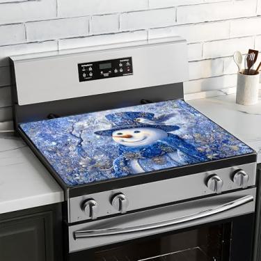 Imagem de BVBOX Capa superior de fogão de Natal para fogão elétrico 71 cm x 50 cm, capas superiores de fogão de vidro lavável decorativo protetor de fogão para cozinha doméstica (chapéu azul boneco de neve