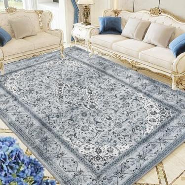 Imagem de ComftRug Tapetes de área lavável à máquina para sala de estar, quarto, estampa envelhecida vintage, cinza, medalhão floral, destaque, tapete de lona baixa, ultrafino, leve, antiderrapante