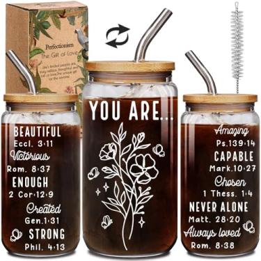 Imagem de Copo de vidro cristão You Are Beautiful com tampa de bambu, presentes de Natal para mulheres, fé, presente bíblico do dia das mães, presentes religiosos, incentivo espiritual, presente inspirador para