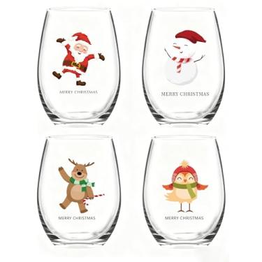 Imagem de Slugeren Conjunto de 4 taças de vinho de Natal sem haste de 500 ml, decoração de festa de Natal, boneco de neve, Santa Milu, veado, taça de vinho, presente para homens, mulheres, amigos, família