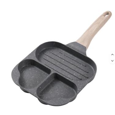 Imagem de Frigideira Antiaderente Alumínio com Revestimento Cerâmico com 3 Divisórias, Cabo de Madeira, Ideal para Café da Manhã, Almoço, Lanche, 3 Compartimentos, Formato coracao, Multifuncional (Grafite)