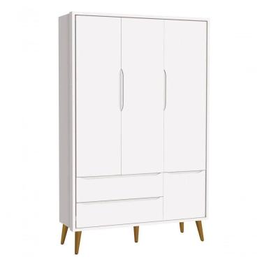 Imagem de Guarda-roupa Retrô 3 Portas Théo New Branco Fosco Com Madeira - Moveisaqui
