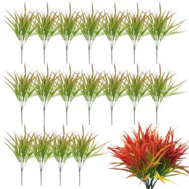 Imagem de Plantas falsas ao ar livre, 18 peças de decoração de grama artificial de 40 cm, arbustos de vegetação sintética de plástico gradiente vermelho e verde, projetos de paisagismo de varanda frontal para