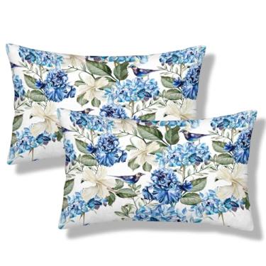 Imagem de NOCTILYRA Capas de almofada lombar floral azul e branca 30 x 50 conjunto de 2 fronhas decorativas de flores de hibisco de hortênsia e hibisco de primavera, capa de almofada retangular para sofá-cama