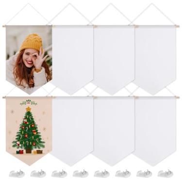 Imagem de Pacote com 8 faixas de sublimação de lona à prova d'água, placas brancas em branco de 29 × 43 cm com varas de madeira, cordas para pendurar e pregos sem rastros para arte personalizada e exibições