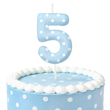 Imagem de Velas de aniversário de bolinhas azuis para bolo, velas número 5, decorações de aniversário, suprimentos de festa, topo de bolo de bolinhas para decoração de festa temática para meninos e meninas