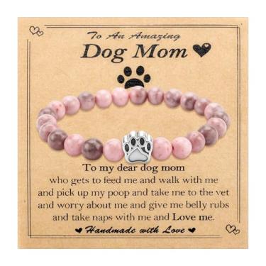 Imagem de PLwelth Pulseira feminina Dog Mom com contas de pedra natural com pingente de pata fofa para os melhores amantes de cães, joias modernas para animais de estimação, presentes de dia das mães