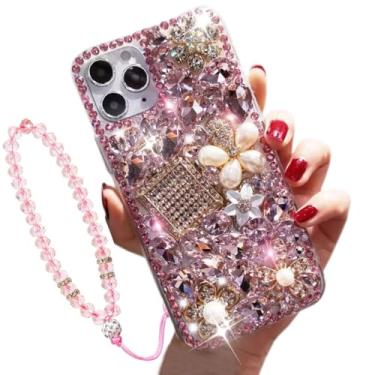Imagem de XinMerry Compatível com iPhone 15 Pro Max Bling Case para mulheres e meninas, capa de luxo 3D glitter strass brilhante com alça de pulso