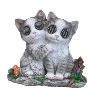 Imagem de WeiLaiKeQi Estátua de casal de gatos para jardim com luz solar, estatueta de animal, escultura ornamental em resina com movimento realista dos olhos para quintal