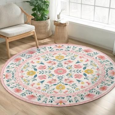 Imagem de Boho Tapete redondo floral de 1,2 m, lavável à máquina, rosa claro, verde, amarelo, folha de flor, tapete redondo, antiderrapante, camada baixa, tapete para sala de estar, quarto, cozinha, sala de