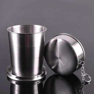 Imagem de Copos dobráveis de aço inoxidável de 250 ml, reutilizáveis, portátil, para viagem, copo de água, com tampa e chaveiro, para acampamento, piquenique, caminhada e outras atividades ao ar livre (grande
