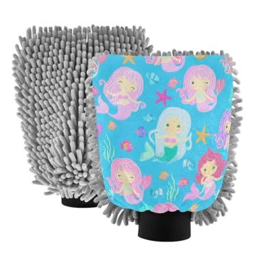 Imagem de Kigai Linda luva de microfibra para lavagem de carro de sereia de desenho animado, 2 peças sem arranhões, sem fiapos, luva de microfibra de chenille premium escova de lavagem de carro - M