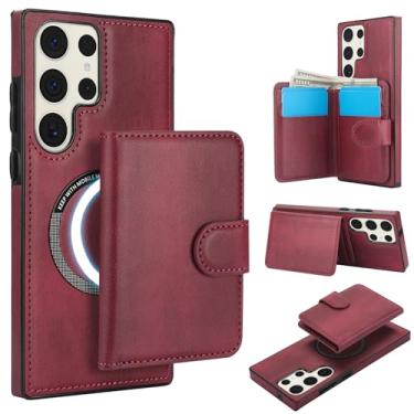 Imagem de Para Samsung Galaxy S23 Carteira ultra destacável compatível com Magsafe capa de carregamento sem fio com suporte para cartão, compartimento para dinheiro, suporte 2 em 1 à prova de choque (vinho