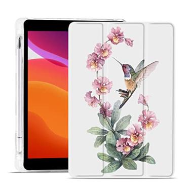 Imagem de MAYCARI Capa de flor de beija-flor para iPad 10,2 polegadas 2021/2020/2019 com suporte de lápis, adorável animal iPad 9ª/8ª/7ª geração capa protetora de TPU macio para dormir/acordar automática capa fina para mulheres