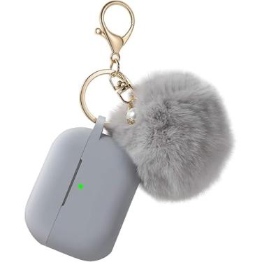 Imagem de Capa protetora para Airpods Pro 3 2025, compatível com Airpods Pro 3ª geração, capa de silicone macio com pompom e chaveiro (cinza)