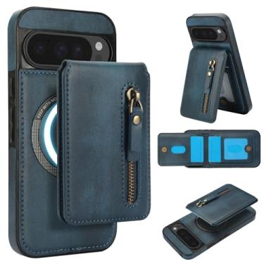 Imagem de Carteira removível compatível com carregamento sem fio Magsafe para Google Pixel 10, capa com suporte para cartão, bolso com zíper, suporte 2 em 1 à prova de choque (azul)