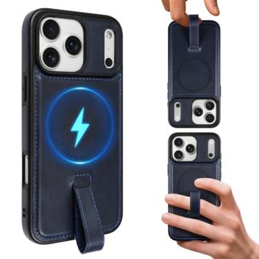 Imagem de AIGOMARA Capa magnética de couro para iPhone 17 Pro Max com alça de dedo, compatível com Magsafe, capa de telefone fina de poliuretano de luxo, antiderrapante, resistente, à prova de choque, azul