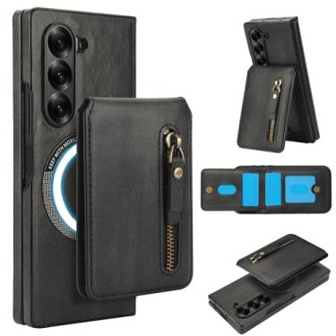 Imagem de Carteira removível compatível com carregamento sem fio Magsafe para Samsung Galaxy Z Fold5 com suporte para cartão, bolso com zíper, suporte 2 em 1 à prova de choque (preta)
