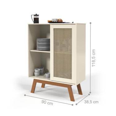 Imagem de Balcão Alto Aparador Buffet Rattan Pés Em Madeira Off White