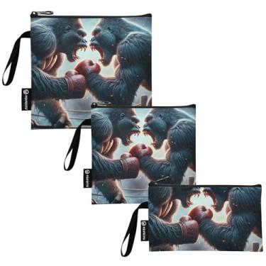 Imagem de TSENQUE Gorillas Boxe Battle Sacos reutilizáveis para sanduíche e lanche bolsa de armazenamento de alimentos de tecido lavável com zíper para escola, escritório, viagem, trabalho (pacote com 3: P/M/G)
