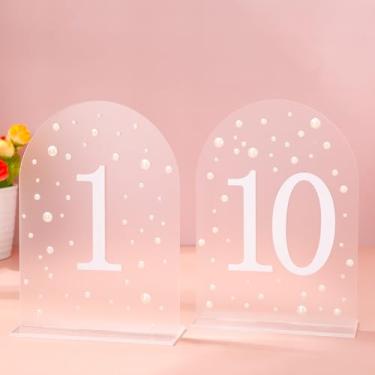 Imagem de JarThenaAMCS Números de mesa de casamento de pérola arco 1-10 com suporte e adesivos de pérola, números de mesa 3D, placa de arco de acrílico com suporte para decoração de evento de banquete de