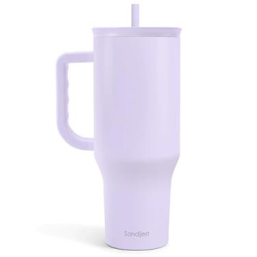 Imagem de SANDJEST Copo roxo de 1,134 g com alça e canudo, caneca de café de viagem de aço inoxidável isolado para mulheres e meninas, ideia de presente para aniversário, Natal, Dia das Mães