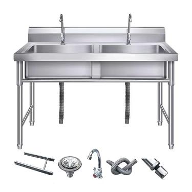 Imagem de Pia de aço inoxidável independente, pia comercial/industrial com 2 compartimentos, pia de tigela dupla grande, lavatório de mão de preparação e utilitário para lavanderia (100 x 50 x 80 cm)