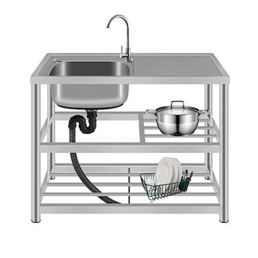 Imagem de Conjunto de pia de cozinha de restaurante comercial, pia de tigela única grande, 1 compartimento de pia de aço inoxidável com bancada de trabalho, com torneira e prateleiras de armazenamento (120 cm
