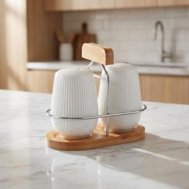 Imagem de Saleiro E Pimenteiro De Cerâmica C/ Suporte Bambu Oasis 90ml - Hauskra