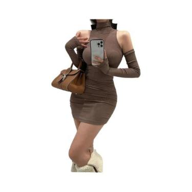 Imagem de Vestido Mini Preto Para Mulheres Com Gola Alta, Mangas Compridas, Plis