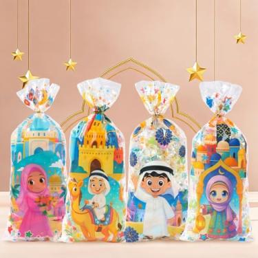 Imagem de 50 unidades de sacos de celofane Eid Mubarak, sacos transparentes de desenho animado de castelo da lua com laços torcidos, saco de doces Ramadan Kareem para lembrancinhas de festa e decorações de
