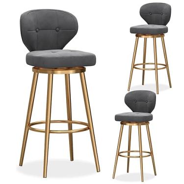 Imagem de Conjunto de 3 bancos de bar giratórios com altura de balcão, banquetas modernas de veludo com encosto médio, cadeira de bar estofada com base de metal, bancos de ilha de cozinha