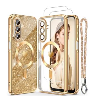 Imagem de DagoRoo Capa magnética para Samsung Galaxy A17 5G + 2 películas protetoras de tela, borda dourada banhada a coração de luxo [cartão de glitter e alça de pulso] Capa fina e macia de TPU TPU à prova de